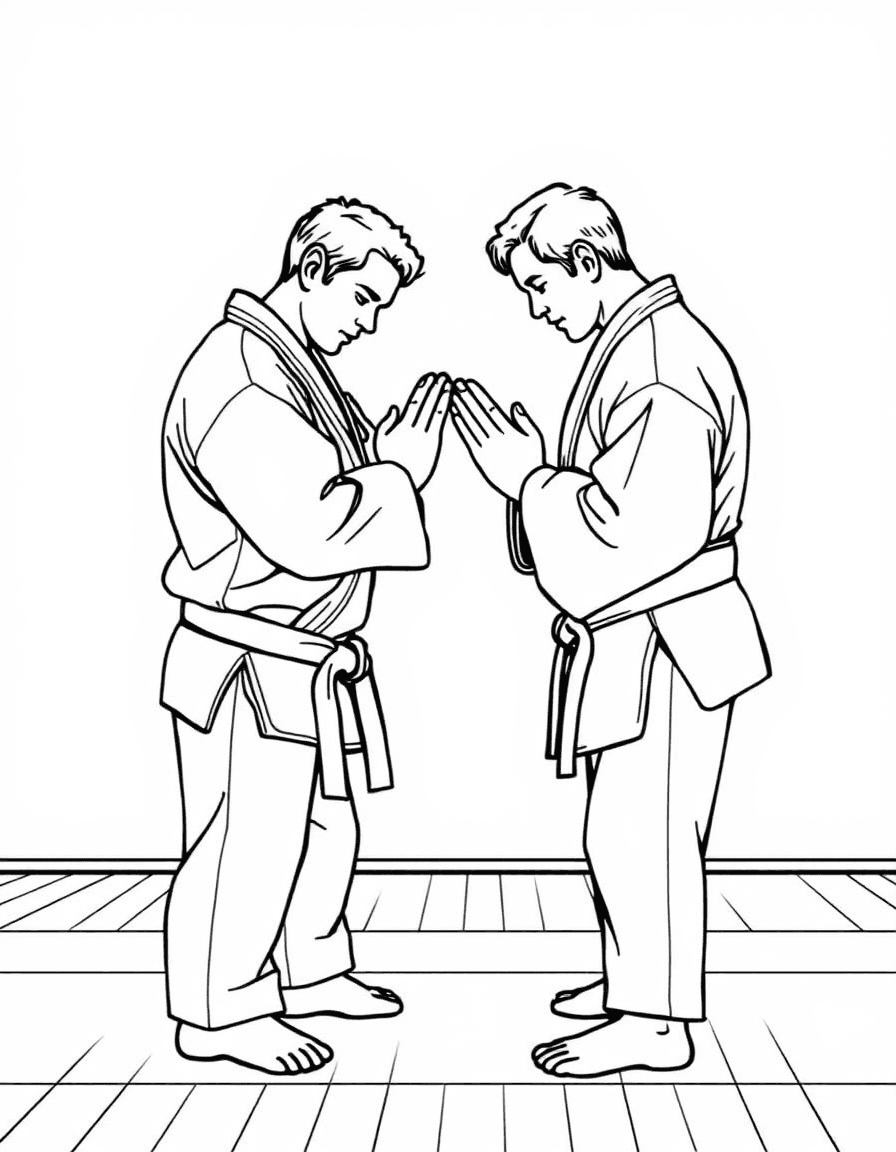 Coloriage Judo - Deux judokas en judogi blanc se saluant avec respect (rei) au bord du tatami avant le combat, dessin clair.