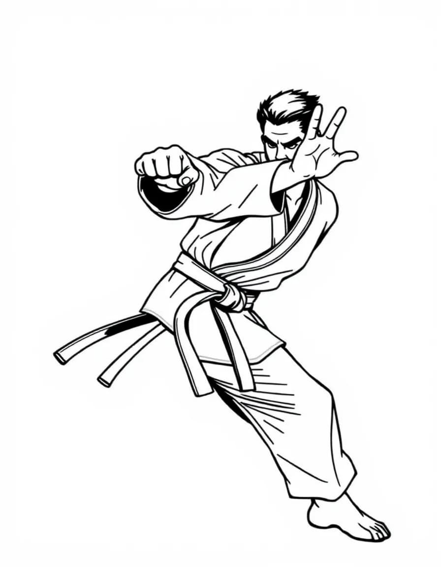 Coloriage Karaté - Pratiquant de karaté assénant un coup de poing direct (gyaku zuki) en posture avant solide (zenkutsu dachi), dessin clair.