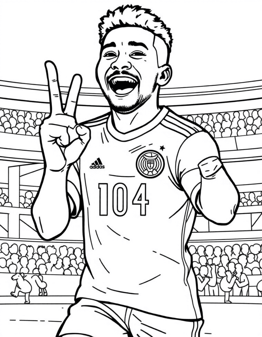 Coloriage Lamine Yamal - Jeune prodige Lamine Yamal célébrant son but avec son signe de doigts signature 304 et un grand sourire, contours nets.