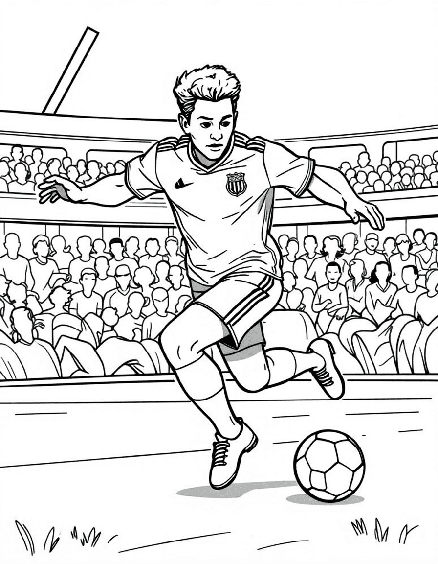 Coloriage Lamine Yamal - Lamine Yamal débordant sur l'aile droite et repiquant dans l'axe avec ses dribbles vifs du pied gauche, dessin clair.
