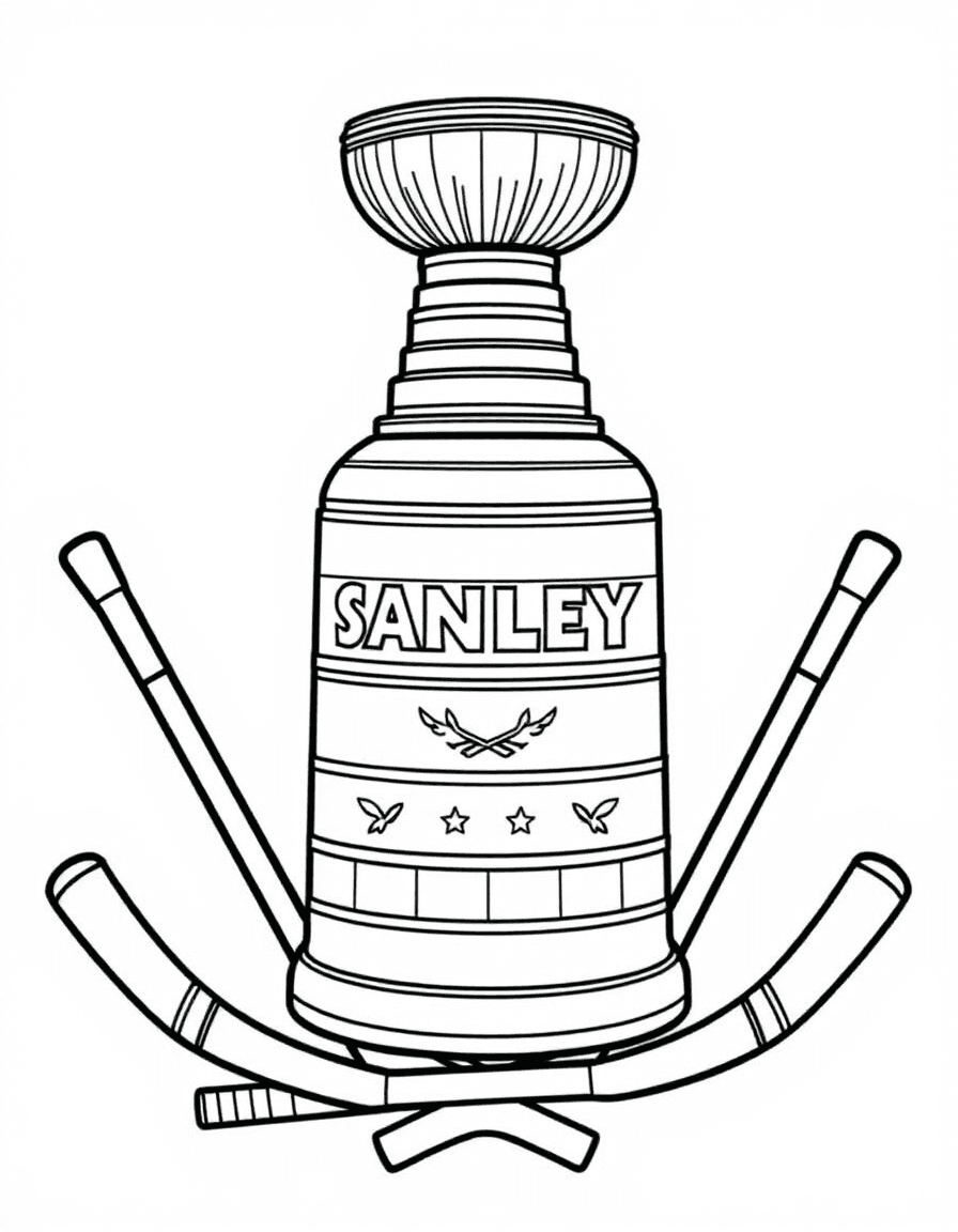 Coloriage Lnh - La mythique Coupe Stanley brillante gravée de ses anneaux argentés entourée de crosses de hockey, contours nets.
