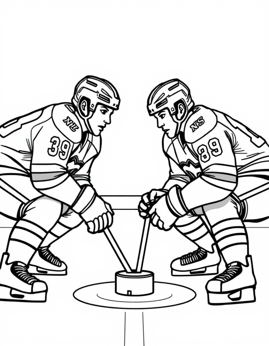 Coloriage Lnh - Deux joueurs de centre de la LNH prêts pour la mise en jeu au point central de la patinoire, dessin clair.