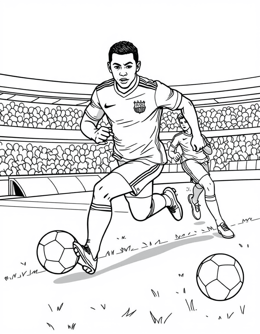 Coloriage Mbappé - Mbappé accélérant à une vitesse fulgurante sur l'aile en distançant les défenseurs balle au pied, dessin clair.