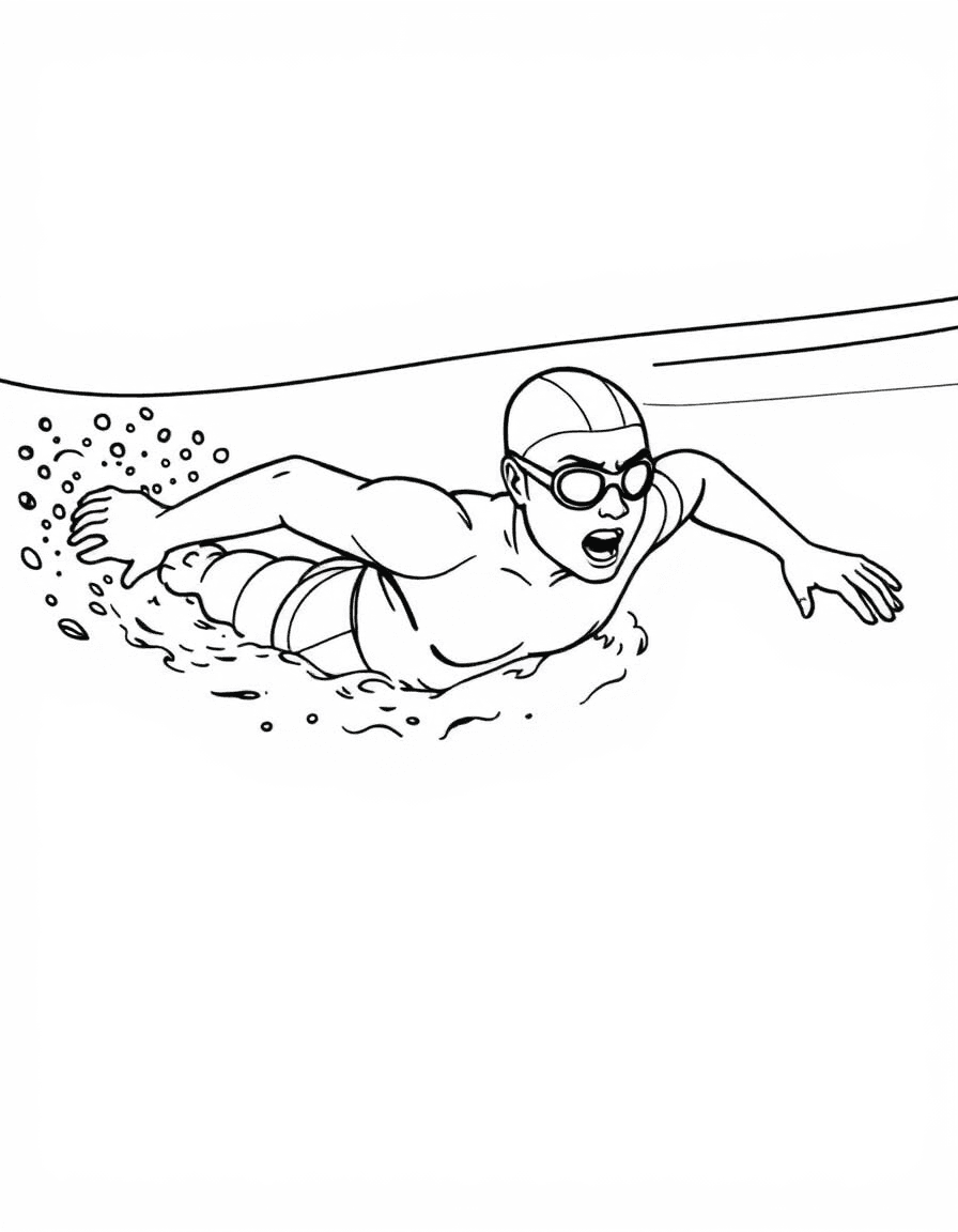 Coloriage Natation - Nageur fendant l'eau en crawl avec une puissante traction de bras et respiration sur le côté, dessin clair.