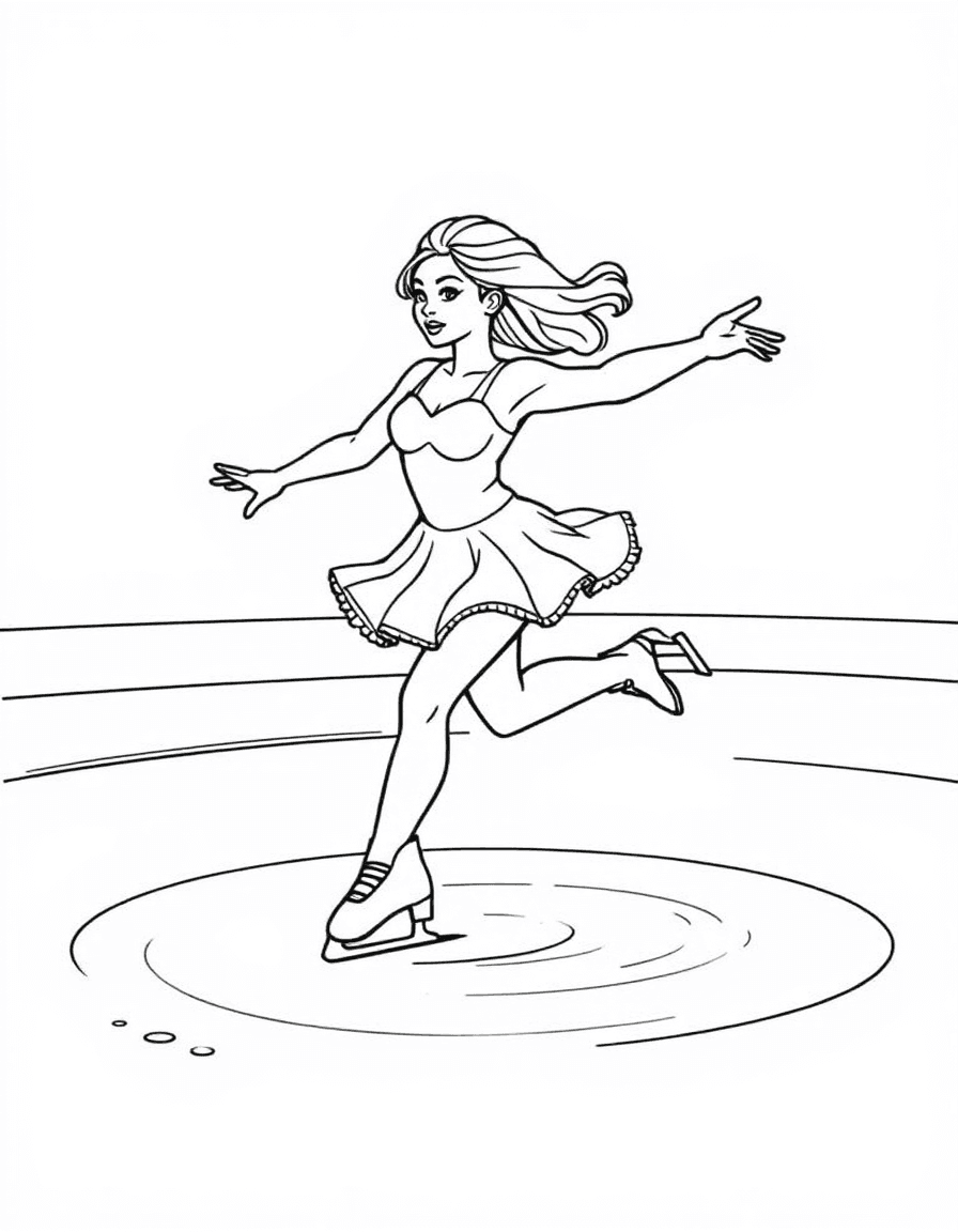 Coloriage Patinage - Patinueuse artistique glissant sur une seule lame dans une gracieuse arabesque sur la patinoire, contours nets.