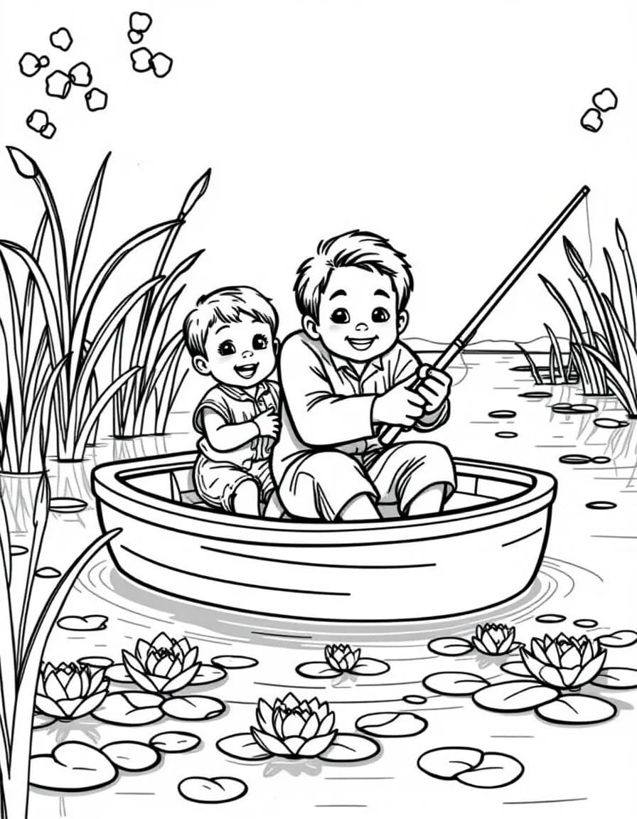 Coloriage Pêche - Enfant souriant et son grand-père pêchant en barque sur une rivière calme entourée de roseaux et de nénuphars, dessin clair.