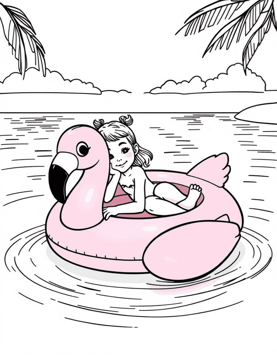 Coloriage Piscine - Fillette flottant tranquillement sur une bouée gonflable en forme de flamant rose dans la piscine ensoleillée, dessin clair.