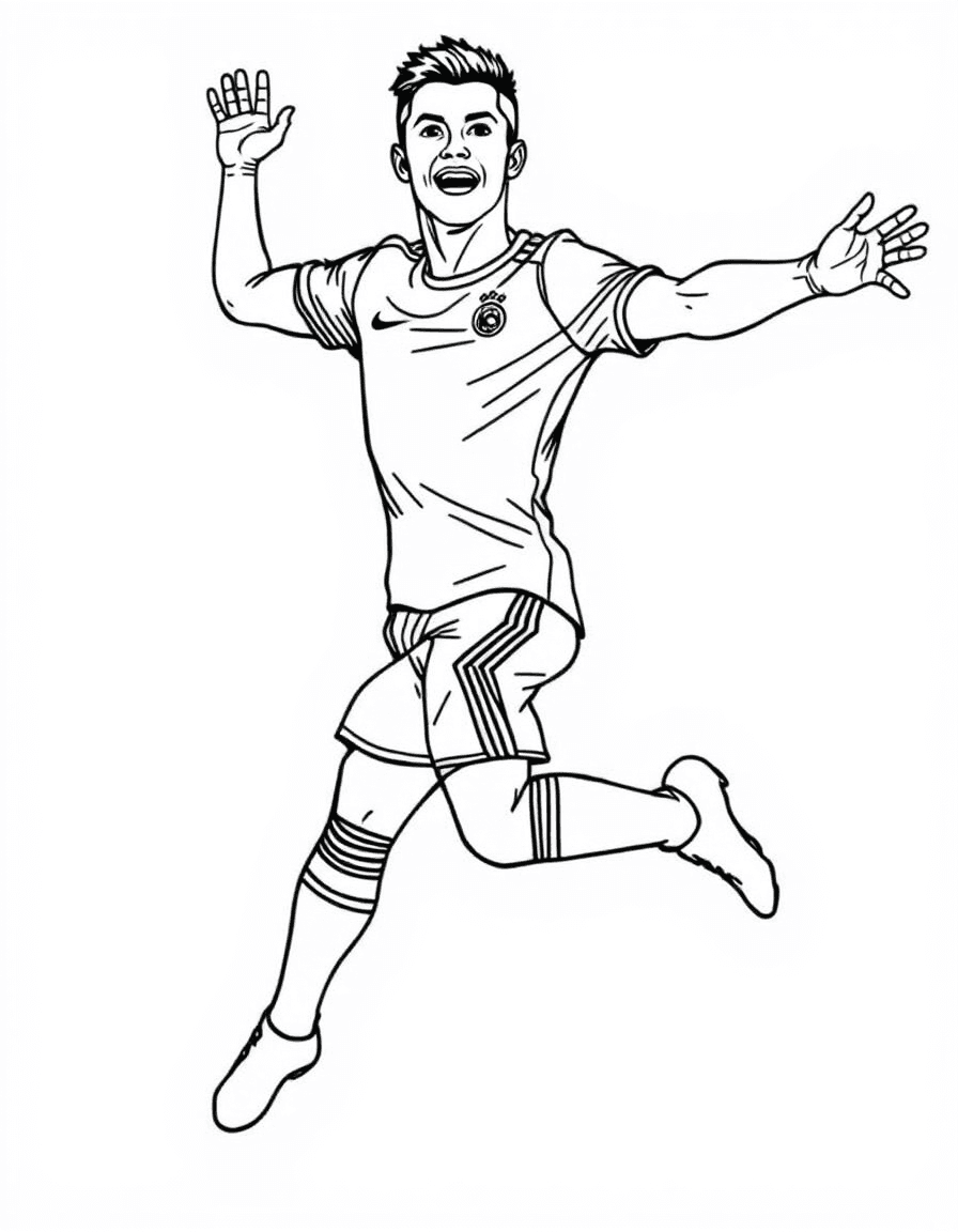 Coloriage Ronaldo - Cristiano Ronaldo effectuant sa célèbre célébration Siuuu en plein saut de demi-tour les bras écartés, contours nets.