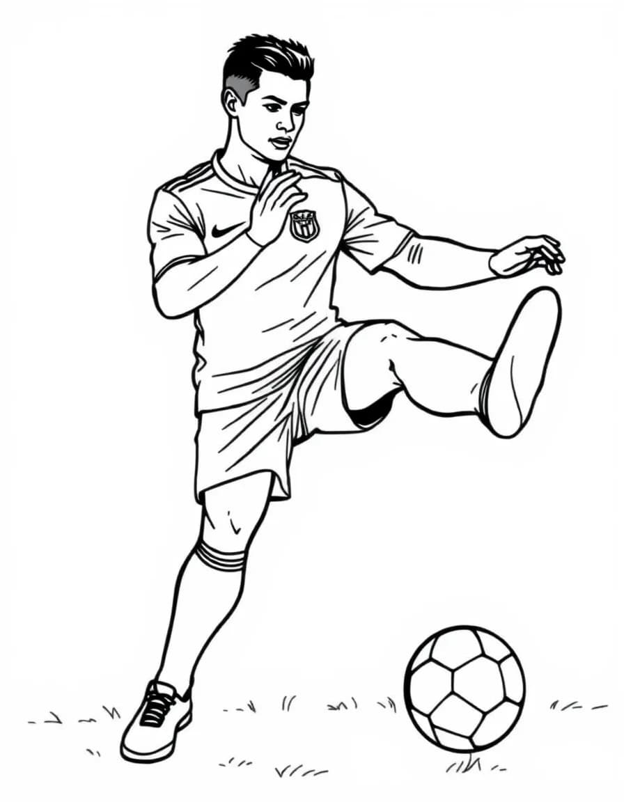 Coloriage Ronaldo - Ronaldo en posture de coup franc signature, jambes écartées et regard concentré avant de frapper, dessin clair.