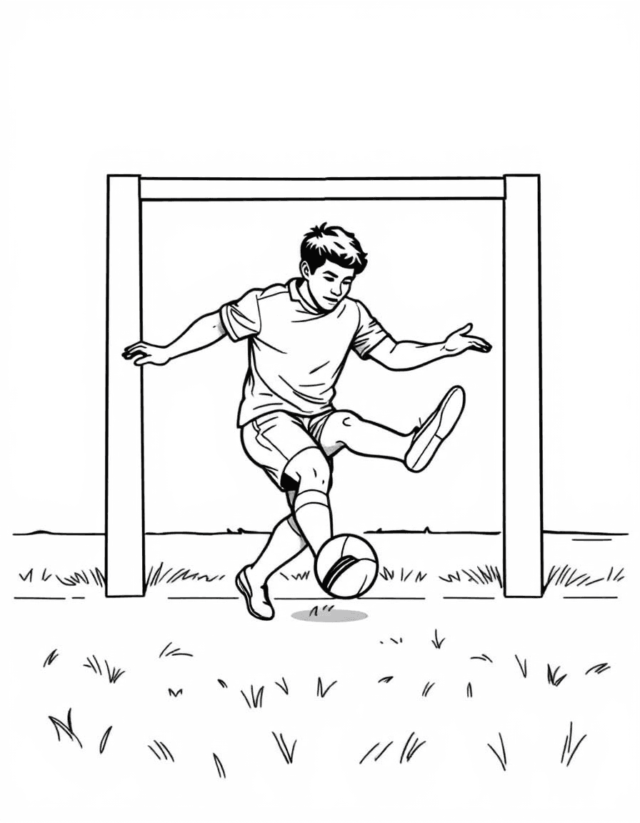 Coloriage Rugby - Buteur de rugby ajustant son tir de pénalité depuis le tee entre les poteaux en forme de H, dessin clair.