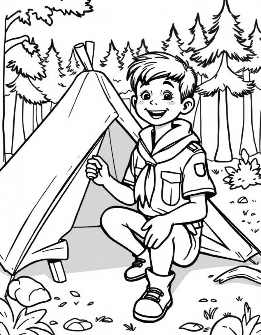 Coloriage Scout - Scout joyeux en uniforme et foulard plantant les piquets d'une tente en toile dans une clairière, contours nets.