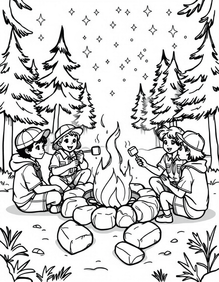 Coloriage Scout - Scouts assis autour d'un beau feu de camp faisant griller des guimauves au bout de branches sous les étoiles, dessin clair.
