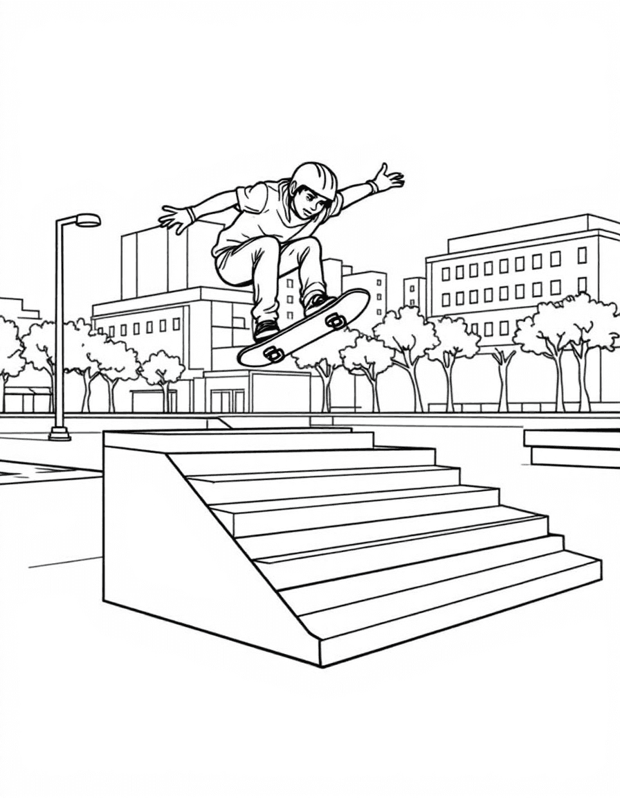 Coloriage Skateboard - Skateur sautant haut dans les airs en réalisant un ollie au-dessus de quelques marches, contours nets.