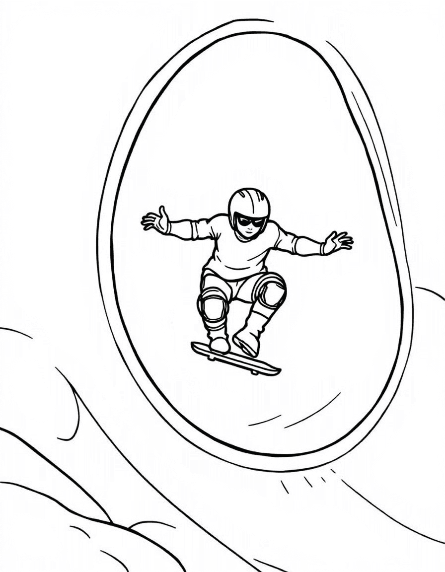 Coloriage Skateboard - Skateur casqué avec genouillères s'élançant du haut d'une grande rampe de half-pipe avec assurance, dessin clair.