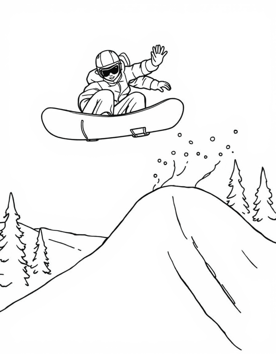 Coloriage Snowboard - Snowboardeur s'envolant au-dessus d'un tremplin de neige en attrapant sa planche de la main (indy grab), contours nets.