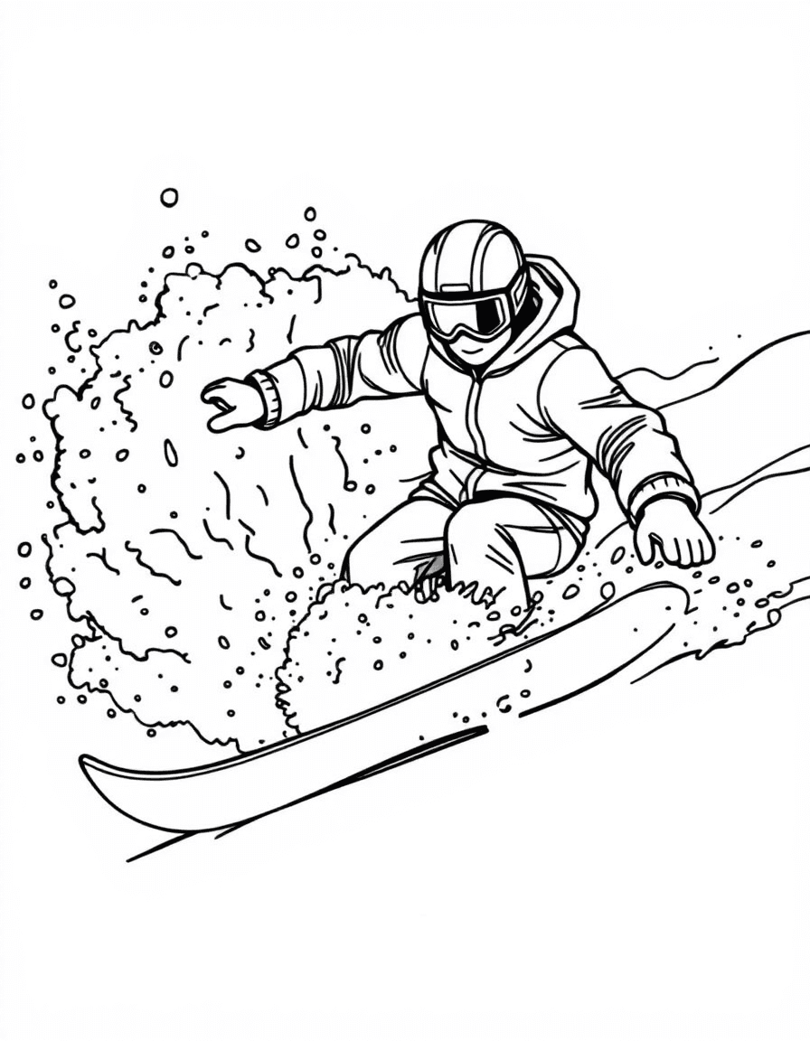Coloriage Snowboard - Snowboardeur coupant un virage couché dans la neige poudreuse soulevant une belle vague blanche, dessin clair.