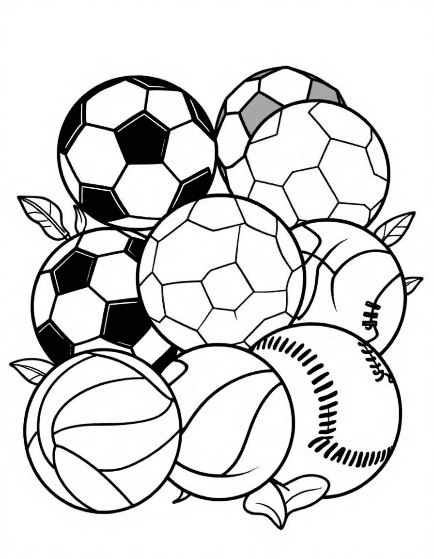 Coloriage Sport - Composition harmonieuse de différents ballons de sport : foot, basket, tennis, rugby et baseball réunis, contours nets.
