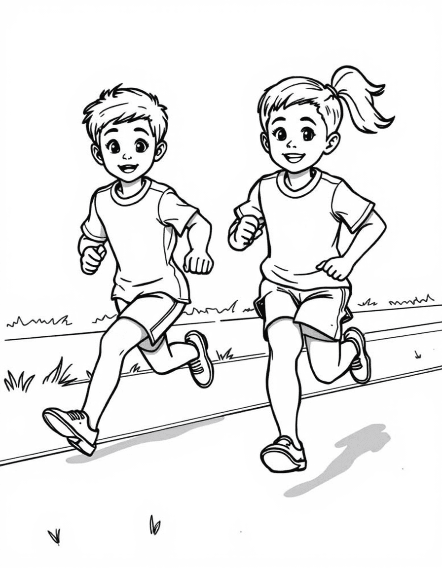 Coloriage Sport - Course de relais scolaire avec un jeune coureur tendant le témoin à son partenaire sur la piste, dessin clair.