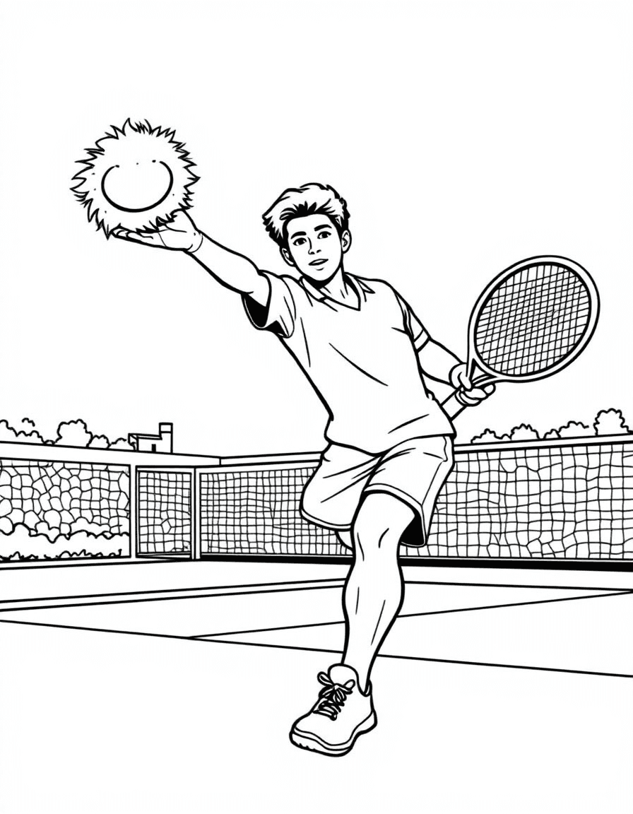 Coloriage Tennis - Joueur de tennis lançant la balle en l'air pour effectuer un service puissant la raquette levée, contours nets.