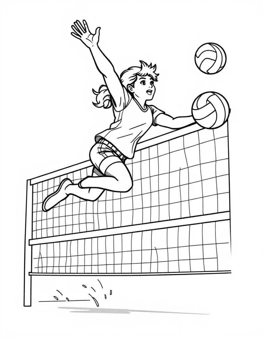 Coloriage Volley - Joueuse de volley bondissant au-dessus du filet pour écraser un smash puissant vers le camp adverse, contours nets.