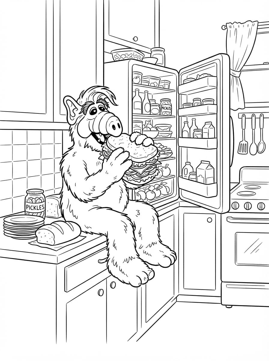 Coloriage Alf prépare le grand goûter