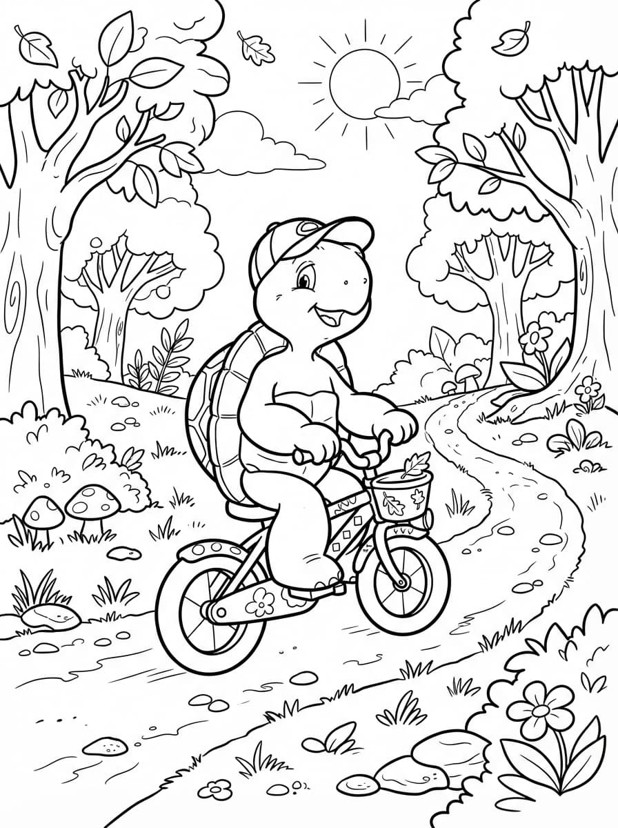 Coloriage Franklin à vélo dans les sous-bois