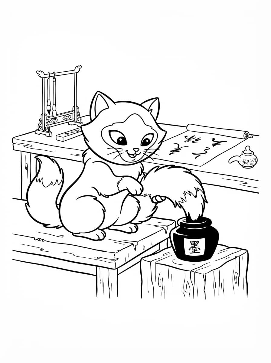 Coloriage Sagwa le chaton artiste et son encre