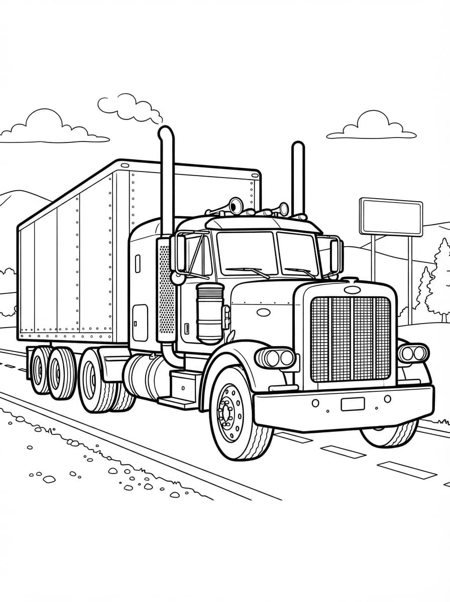 Coloriage Le Grand Camion Américain sur l'Autoroute