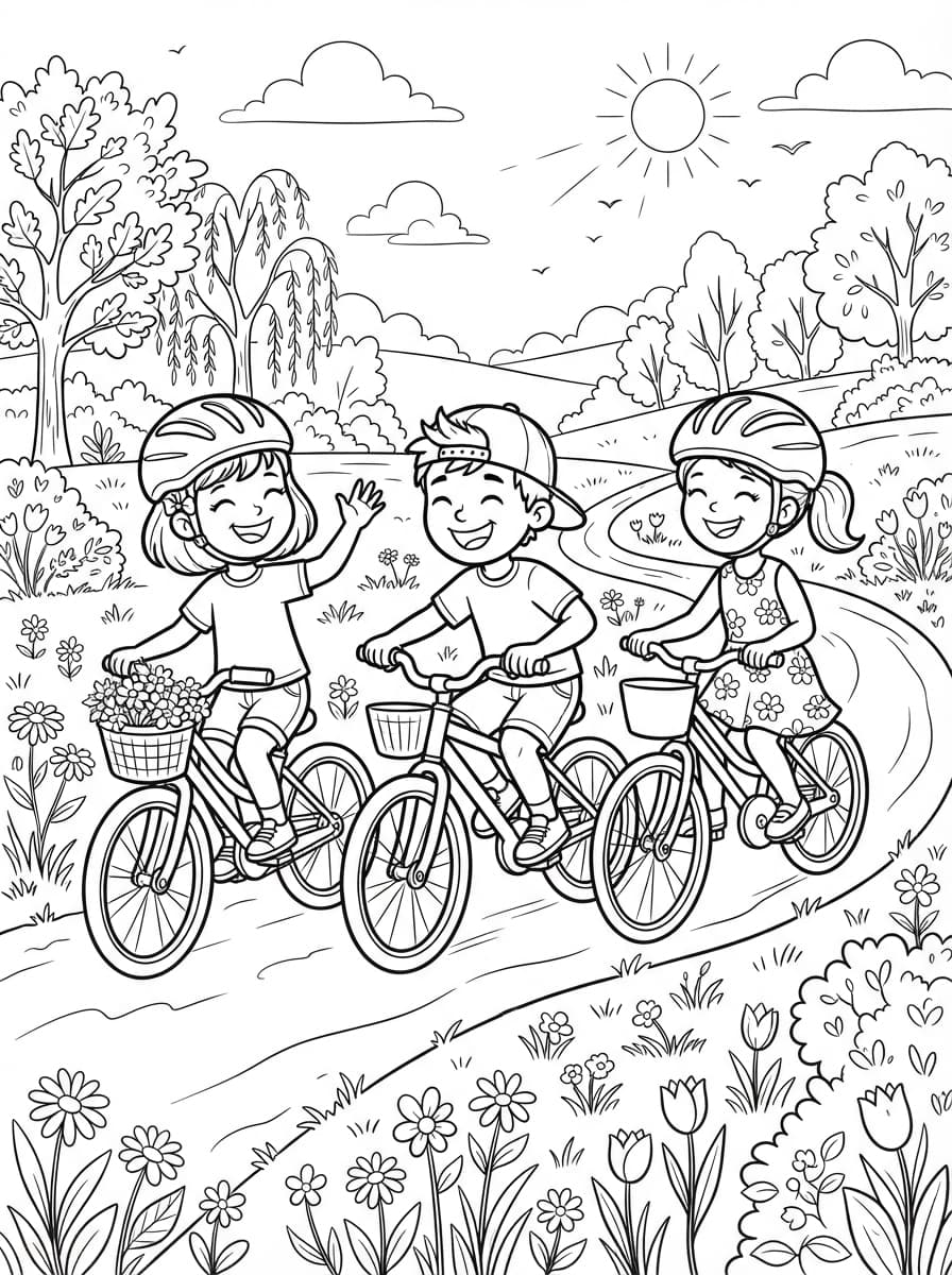 Coloriage Balade à vélo entre amis dans le parc fleuri