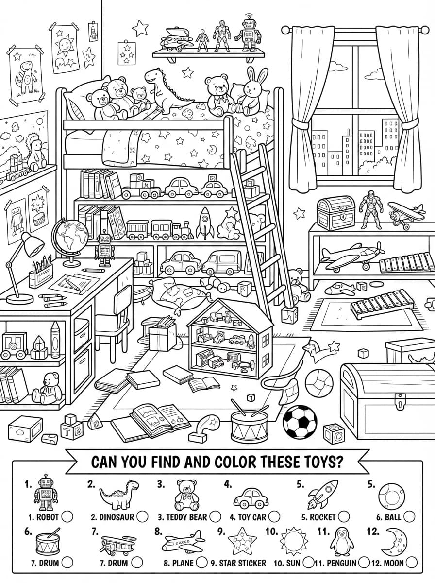 Coloriage Cherche et Trouve : Mystère dans la Chambre d'Enfant