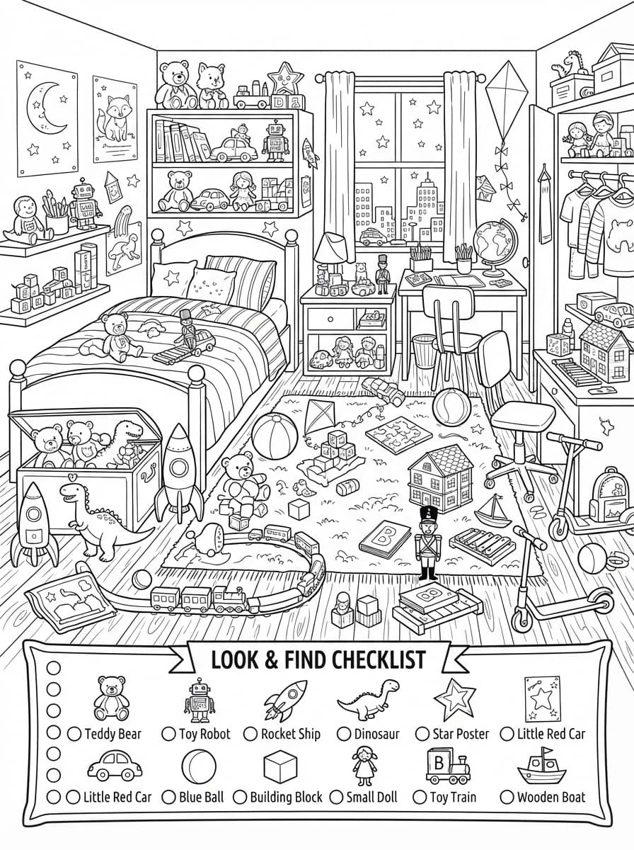 Coloriage Jeu d'Observation : La Chasse aux Jouets Cachés