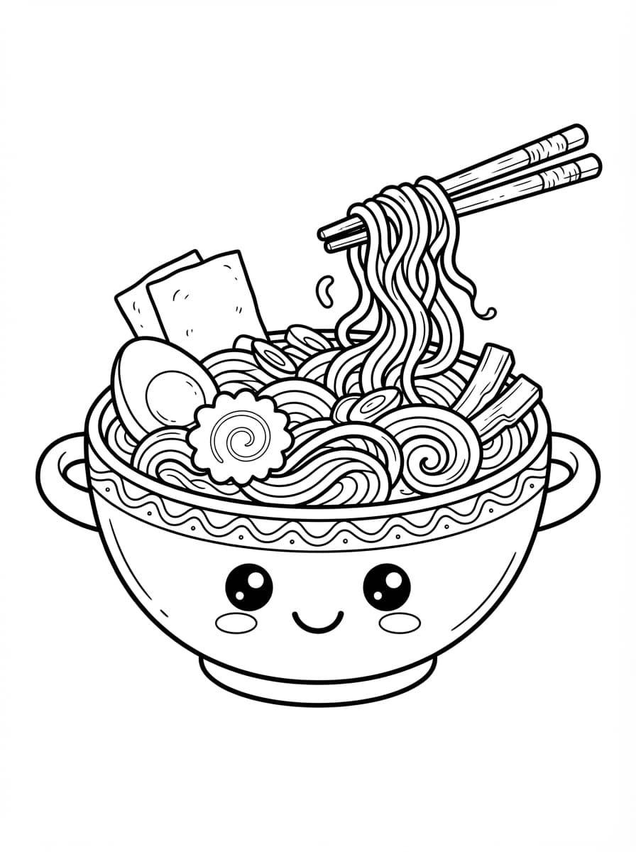 Coloriage Bol de Ramen Kawaii et ses Baguettes