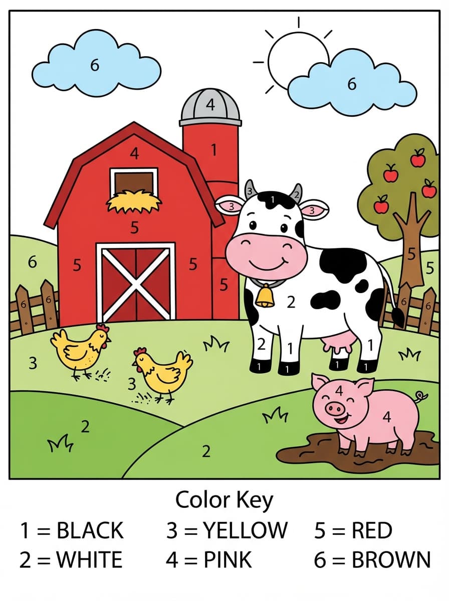 Coloriage Numéroté de la Ferme avec la Vache Joyeuse