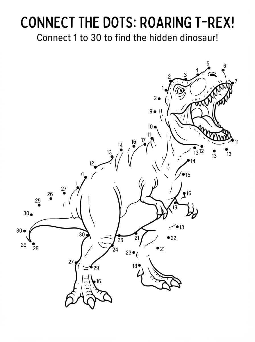 Coloriage Points à Relier : Le Tyrannosaure Surprise