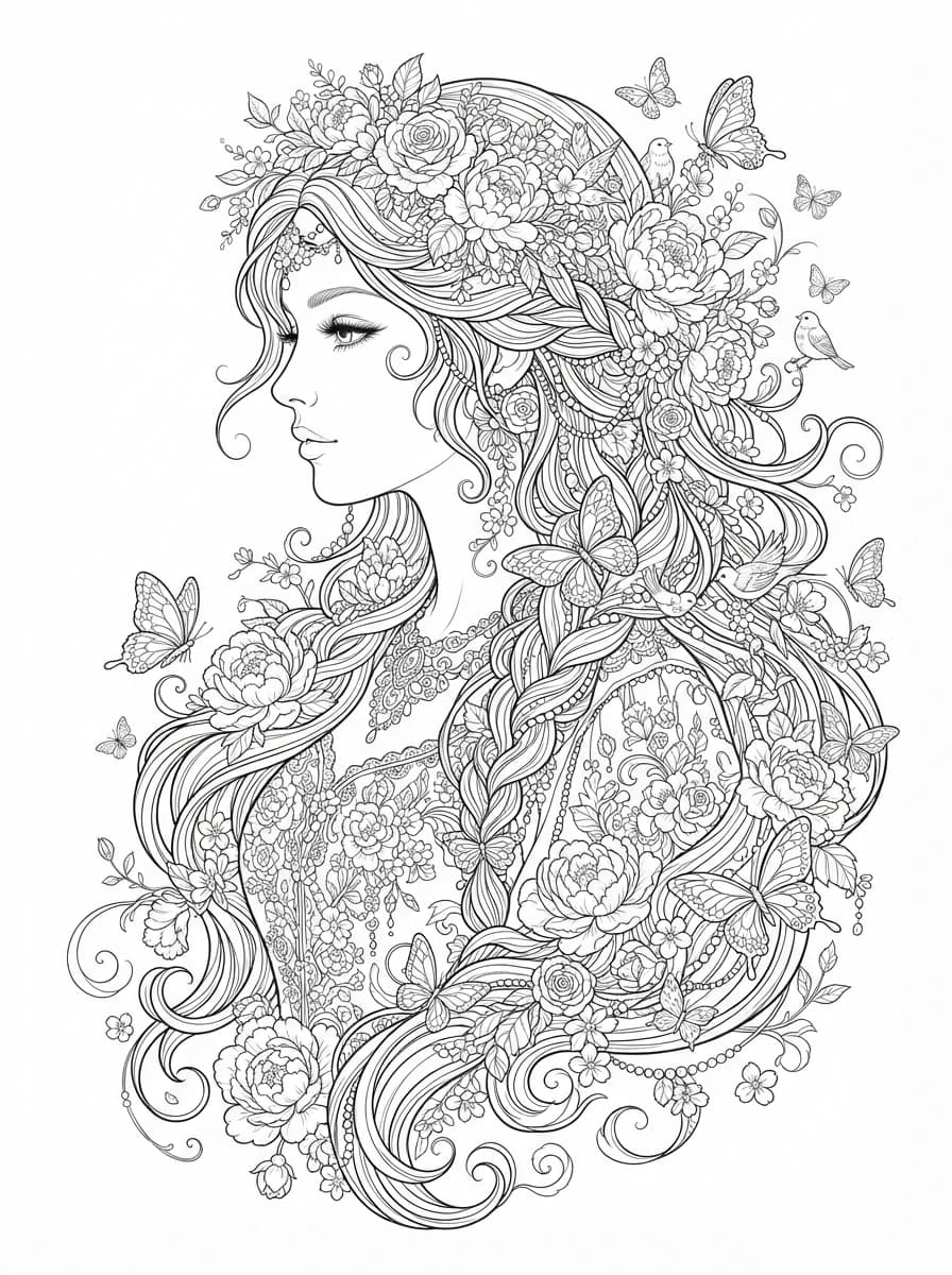 Coloriage Douceur Florale et Cascade de Papillons