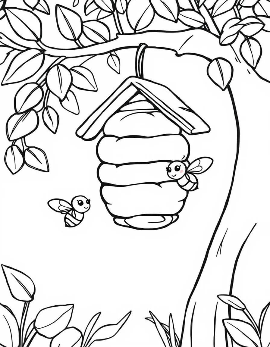 Coloriage Abeille - Ruche accrochée à une branche d'arbre avec deux mignonnes abeilles