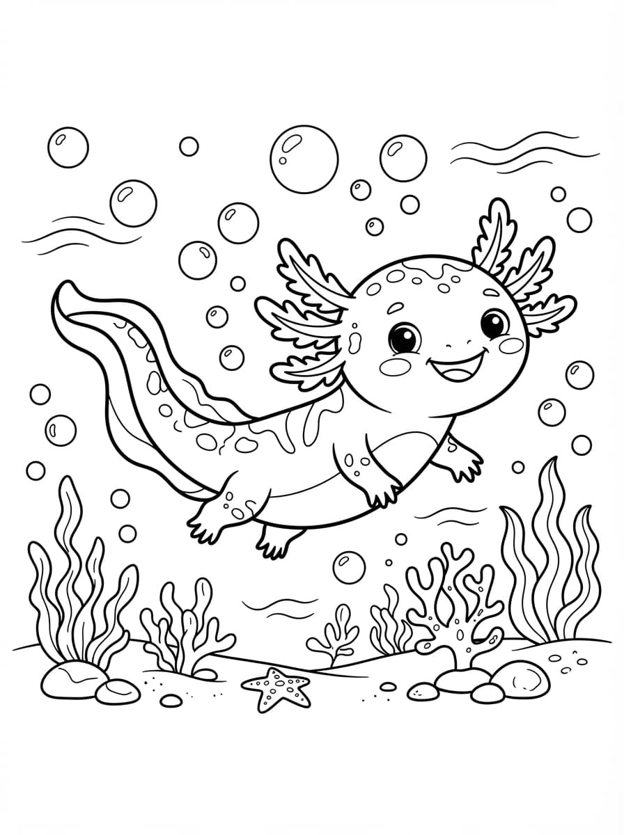 Coloriage Petit Axolotl Souriant et ses Bulles d'Eau