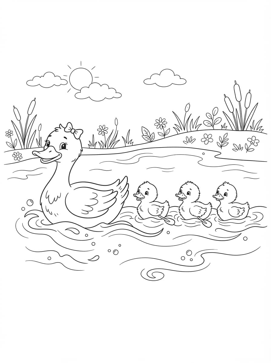 Coloriage Maman Canne et ses Quatre Canetons sur l'Eau