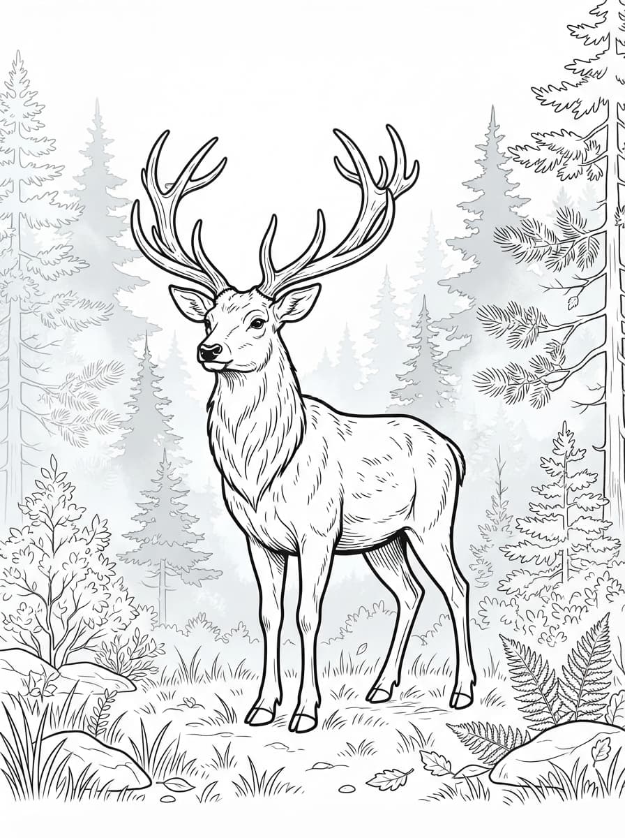 Coloriage Le Cerf Majestueux dans la Forêt de Sapins