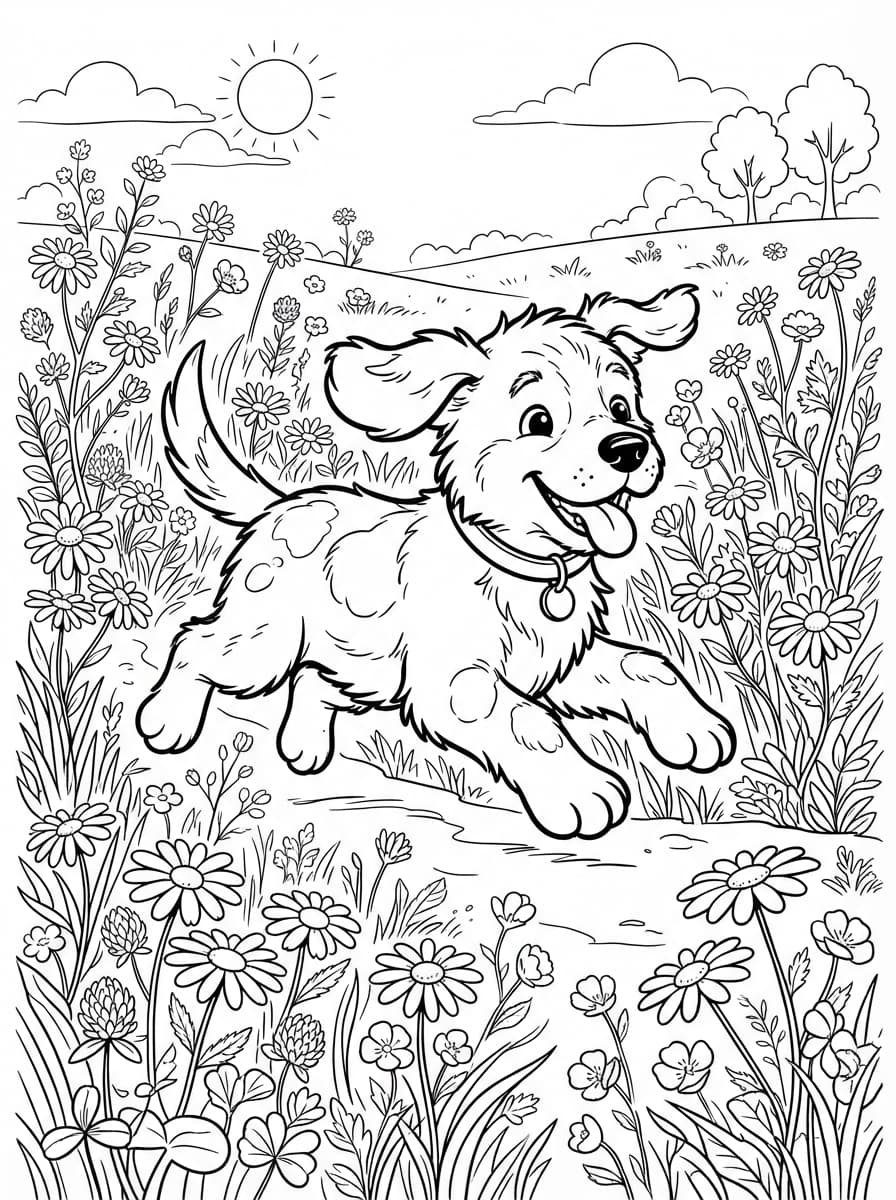 Coloriage Chiot Joueur dans le Champ de Marguerites
