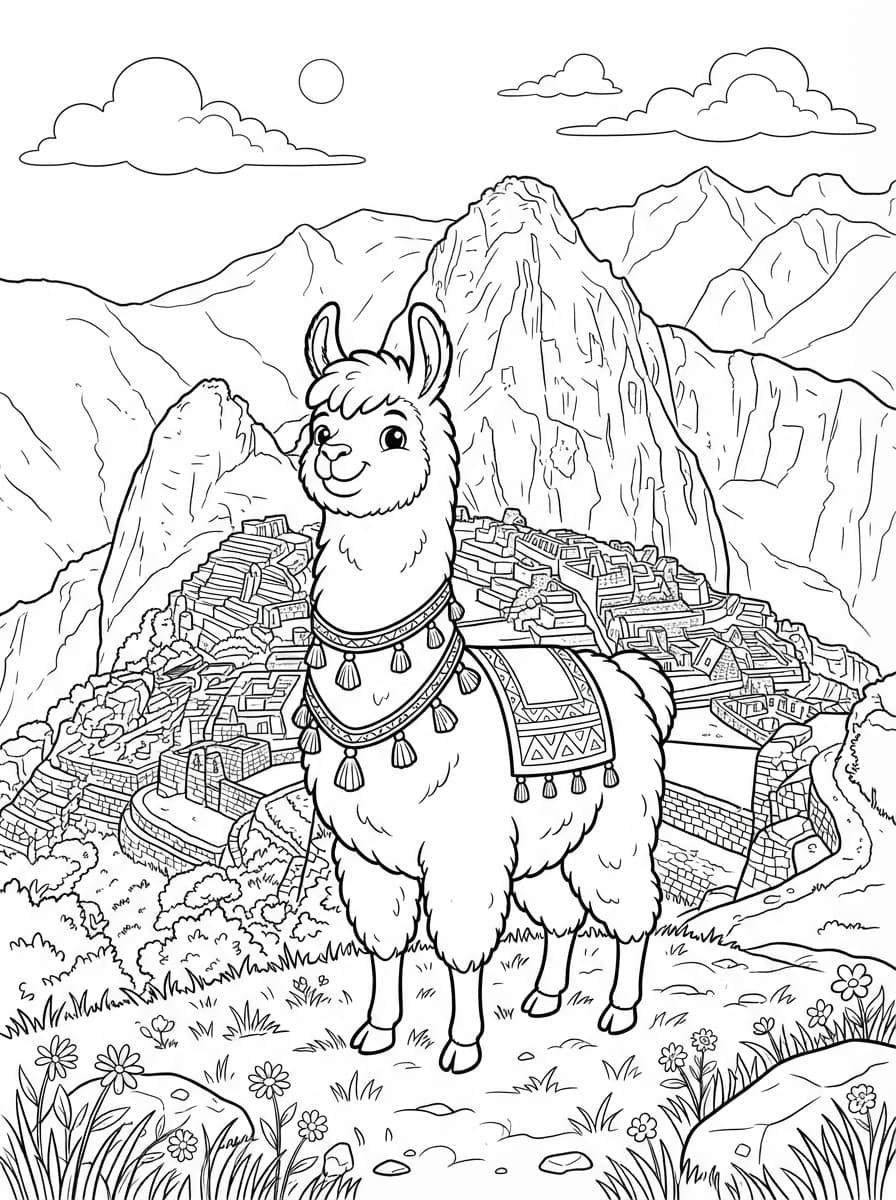 Coloriage Le Fier Lama des Andes et le Machu Picchu