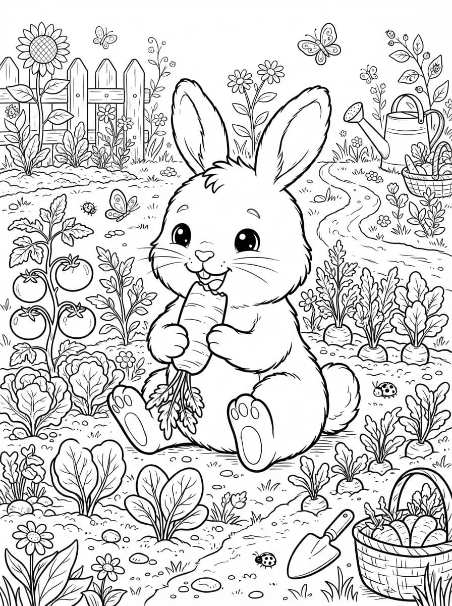 Coloriage Le Petit Lapin Gourmand au Potager