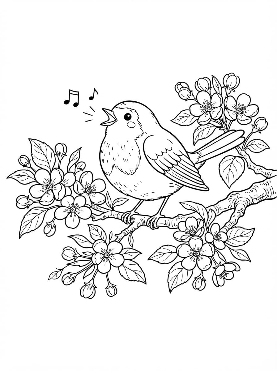 Coloriage Le Chant Printanier du Rouge-Gorge