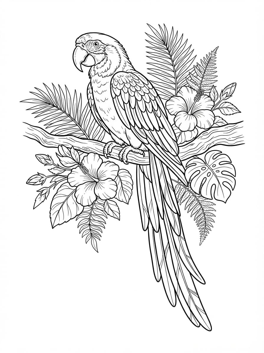 Coloriage Grand Ara sur sa Branche Tropicale Fleurie