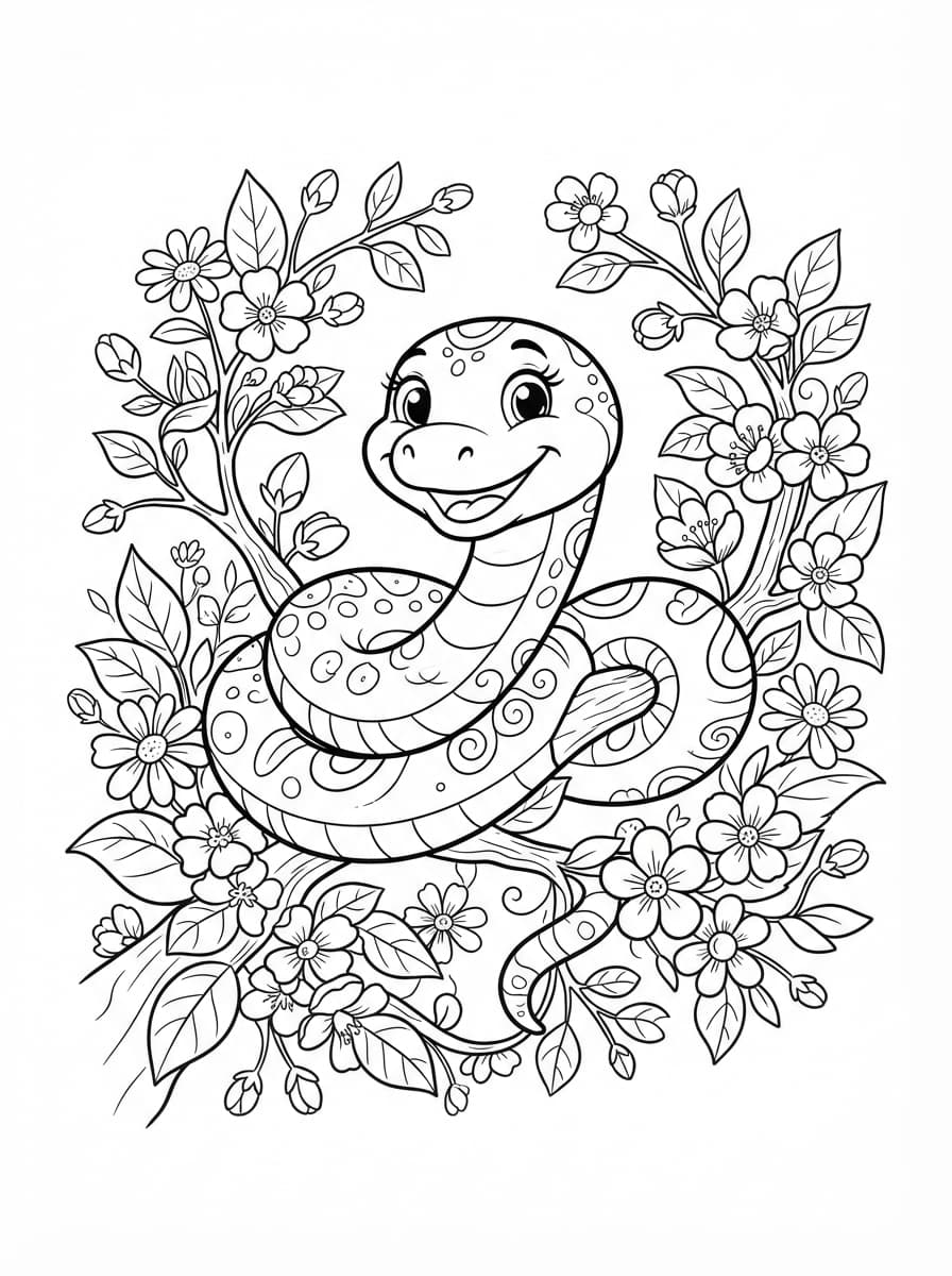 Coloriage Le Gentil Serpent sur sa Branche Fleurie