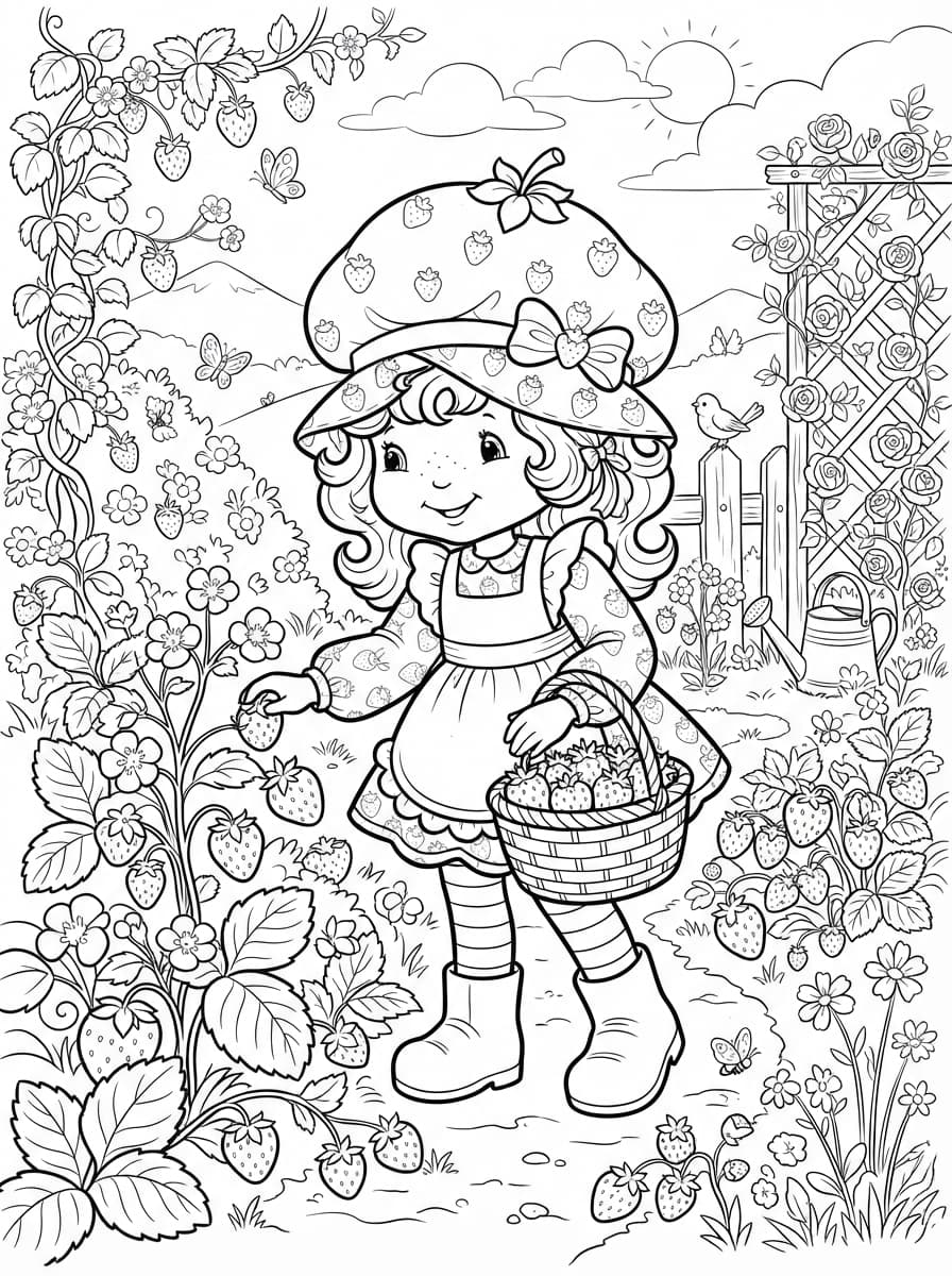 Coloriage Charlotte aux fraises cueille des fruits au jardin
