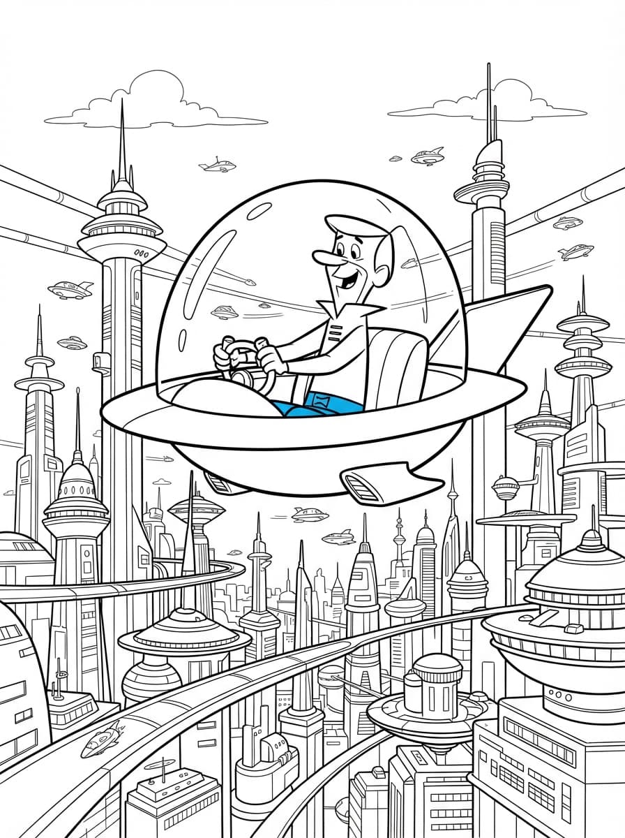 Coloriage George Jetson aux commandes de sa soucoupe volante