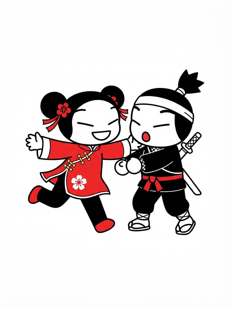 Coloriage Pucca en pleine course pour un gros câlin à Garu