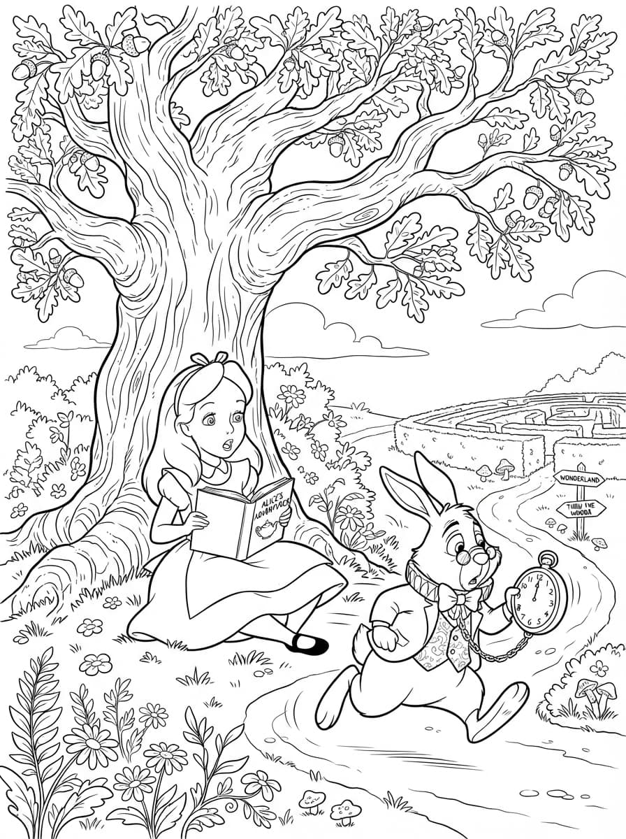 Coloriage Le Lapin Blanc en retard devant Alice