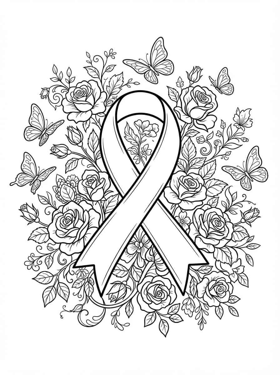 Coloriage Ruban Rose et Couronne de Fleurs